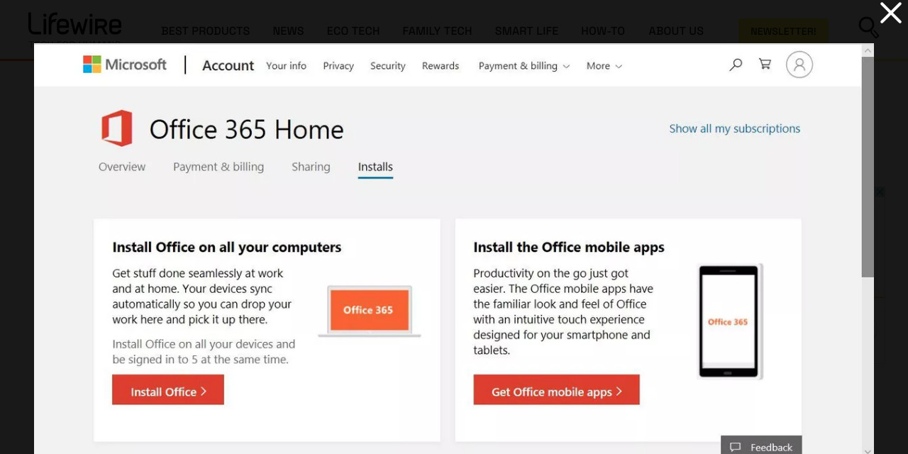 Trang tài khoản Office 365 Home hiển thị các liên kết để cài đặt Office 365